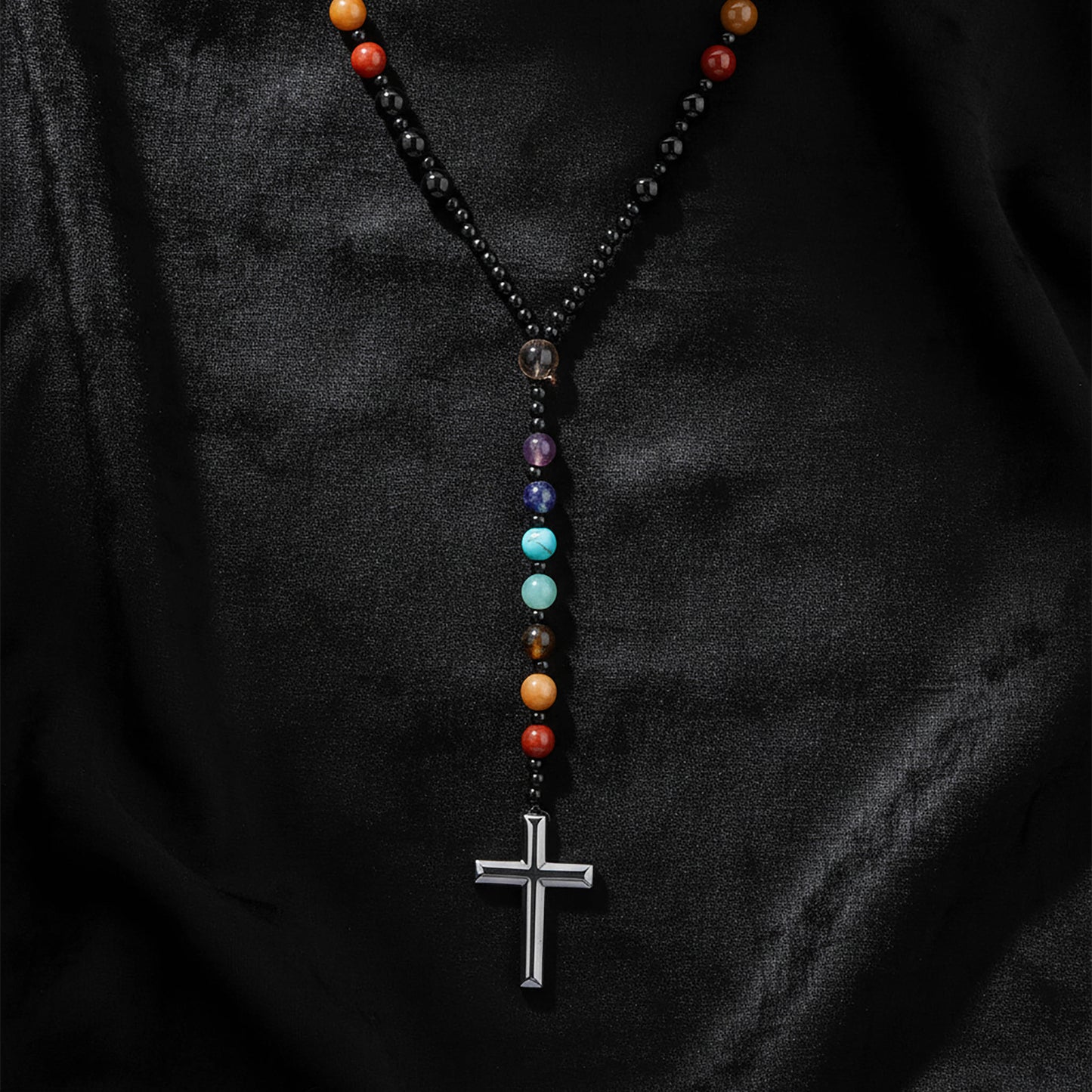 Obsidian Tiger's Eye Rosary Necklace 7 Gemstone