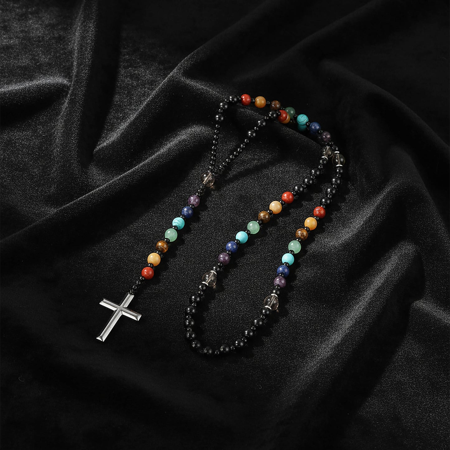 Obsidian Tiger's Eye Rosary Necklace 7 Gemstone