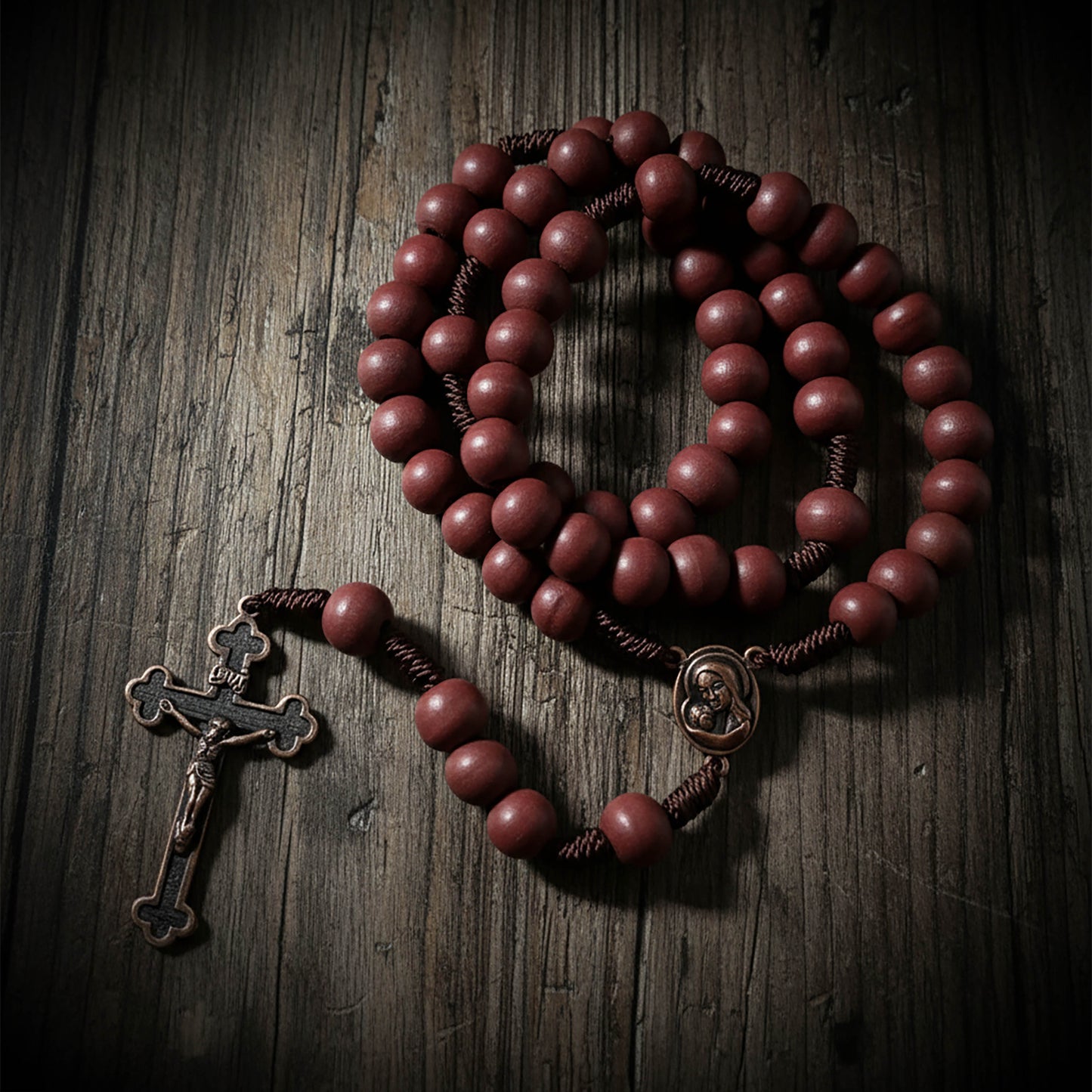 Red Wood Rosary Necklace Our Lady