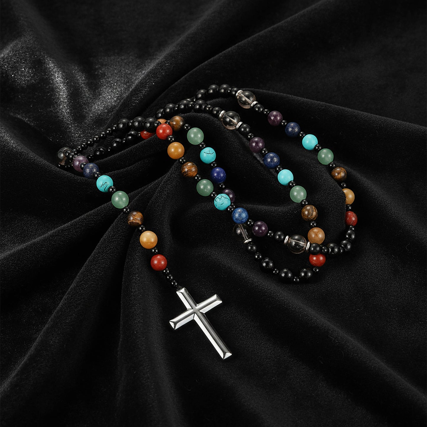 Obsidian Tiger's Eye Rosary Necklace 7 Gemstone