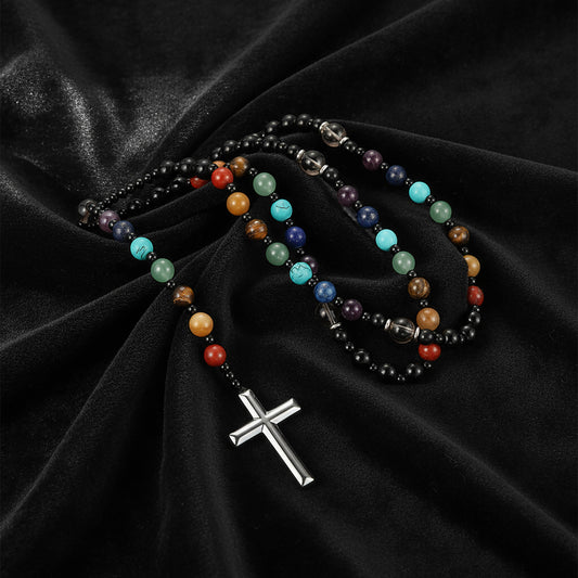 Obsidian Tiger's Eye Rosary Necklace 7 Gemstone