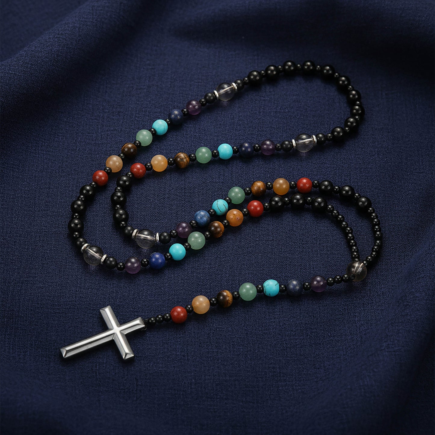 Obsidian Tiger's Eye Rosary Necklace 7 Gemstone
