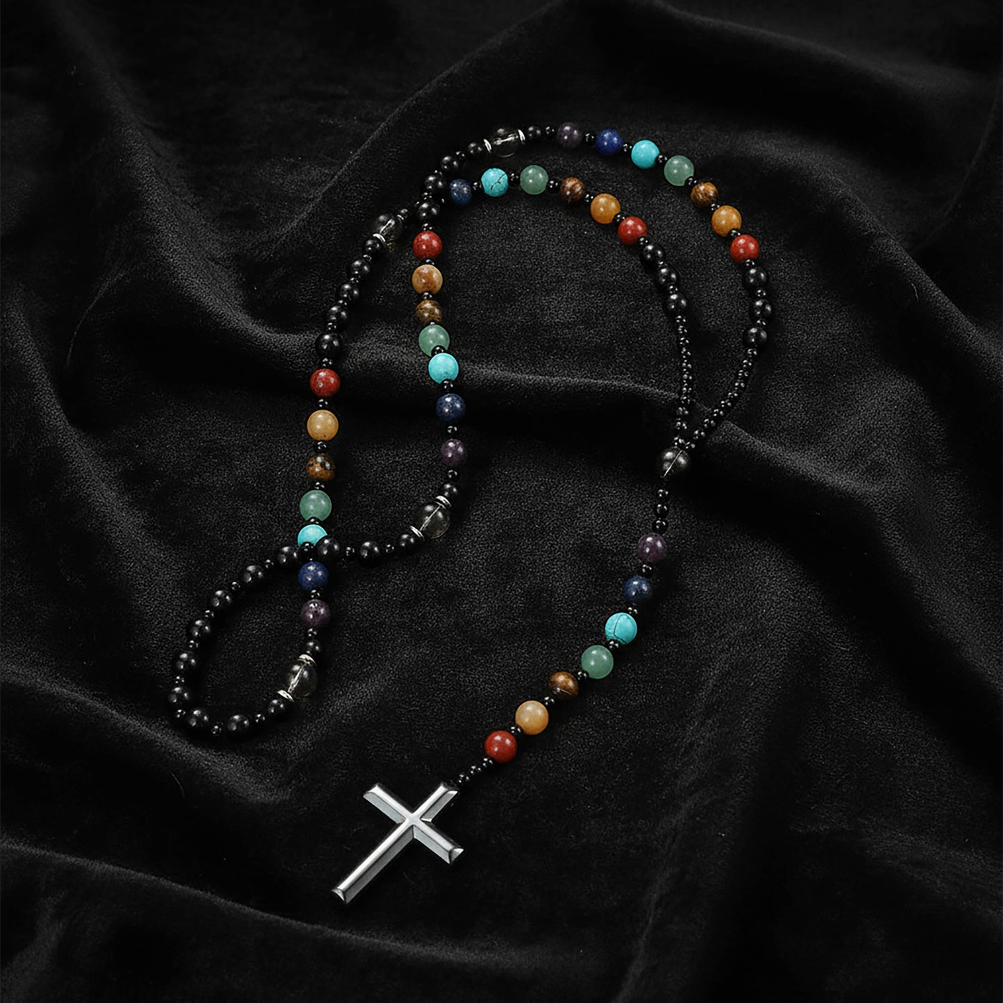 Obsidian Tiger's Eye Rosary Necklace 7 Gemstone
