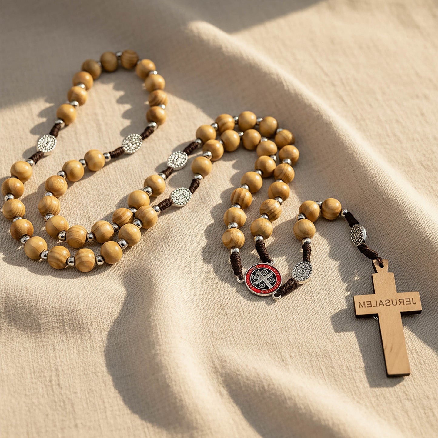 Wood Rosary Necklace St. Benedict