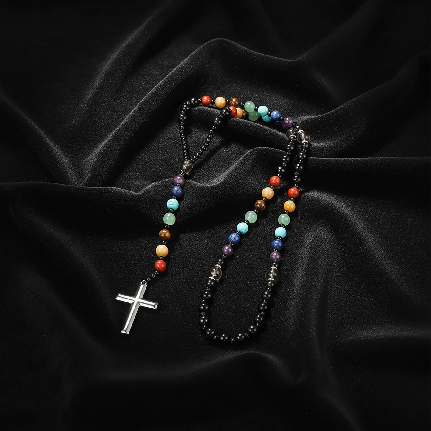 Obsidian Tiger's Eye Rosary Necklace 7 Gemstone