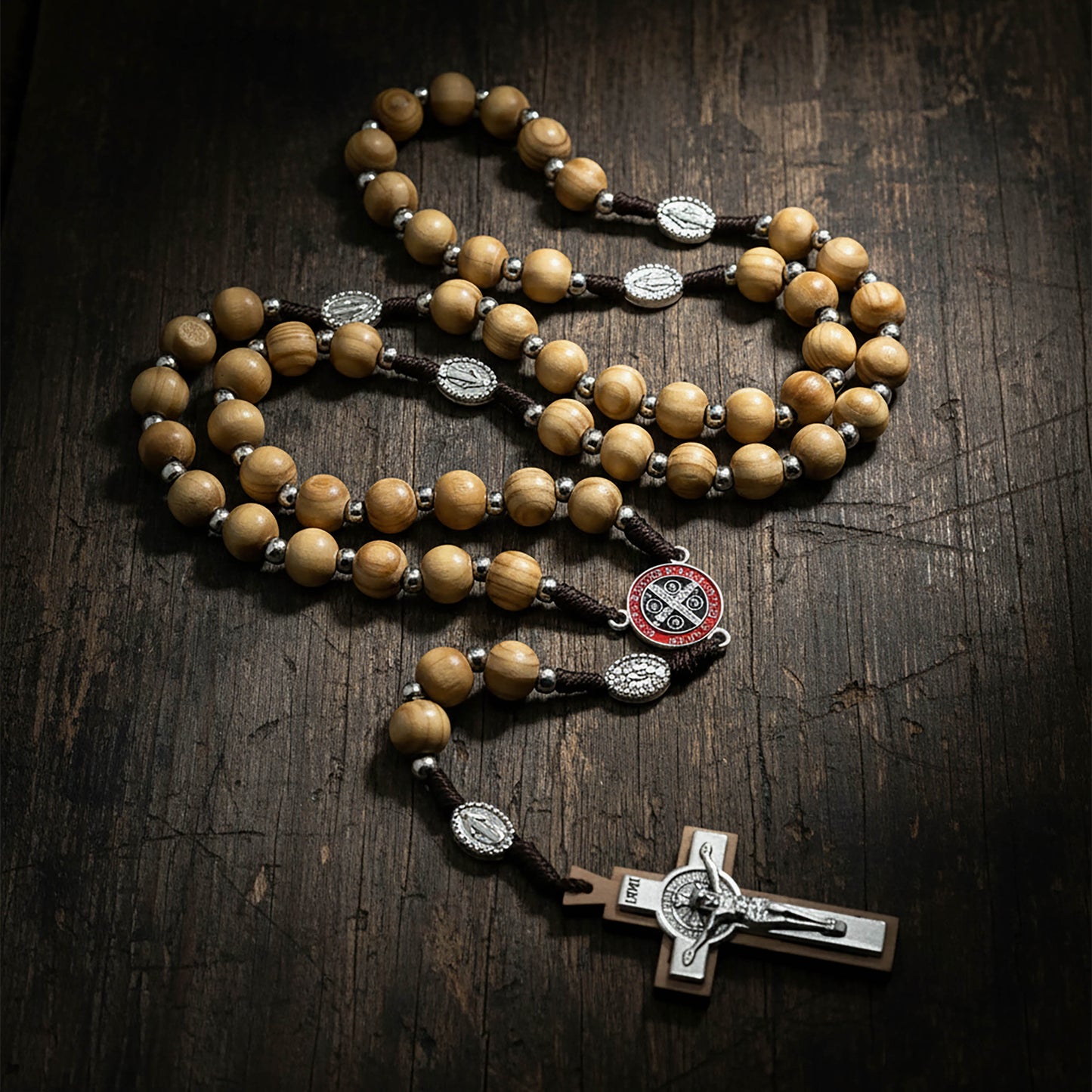 Wood Rosary Necklace St. Benedict