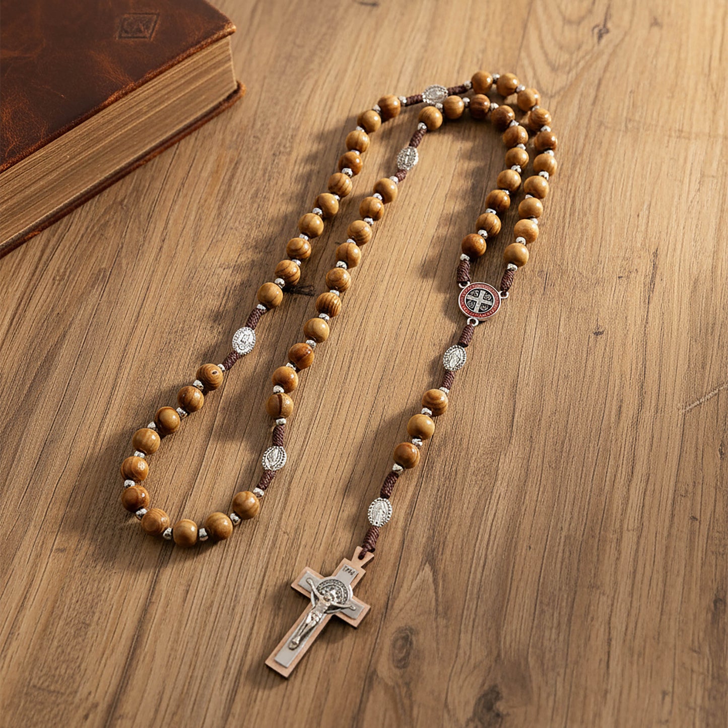 Wood Rosary Necklace St. Benedict
