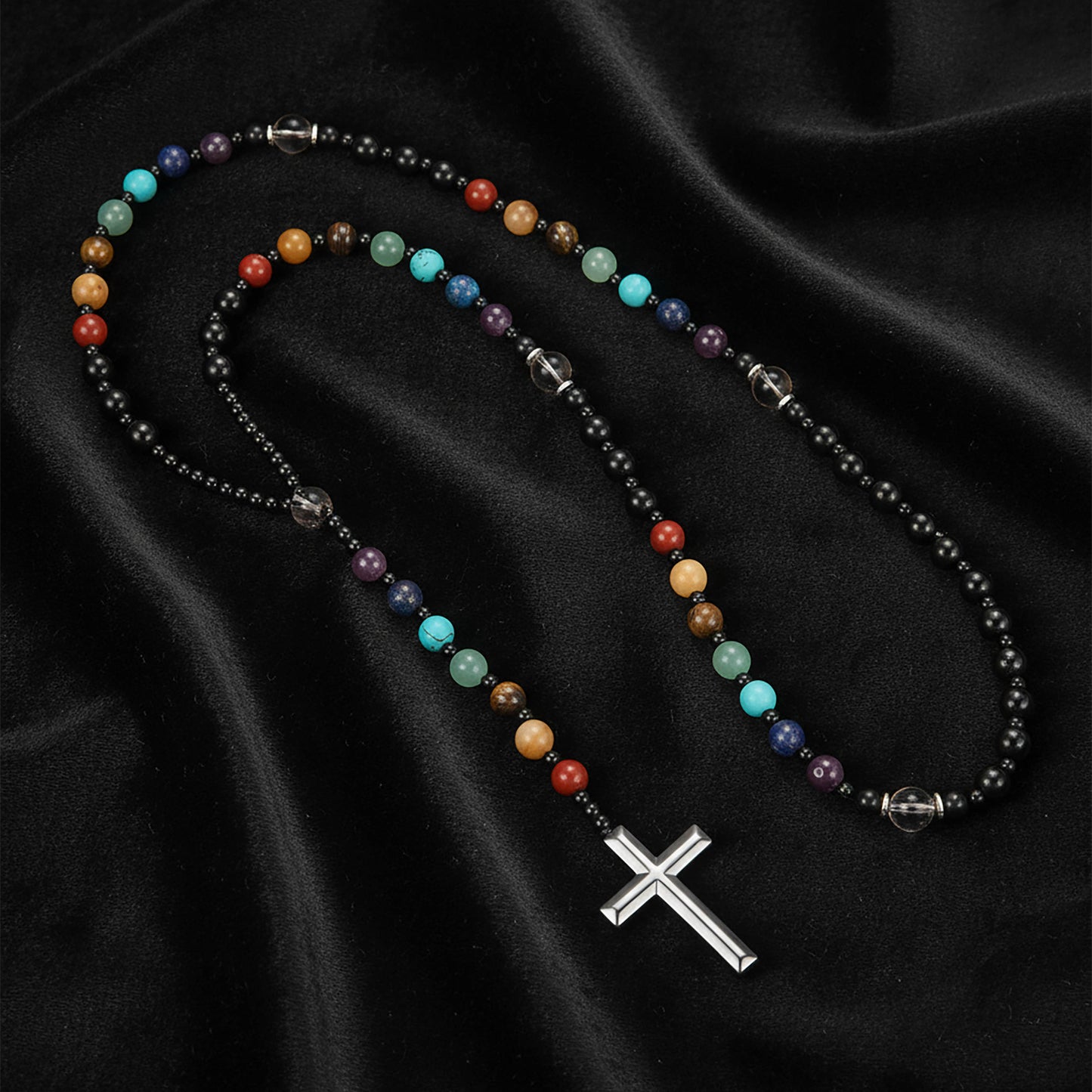 Obsidian Tiger's Eye Rosary Necklace 7 Gemstone