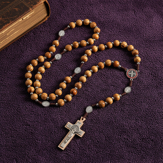 Wood Rosary Necklace St. Benedict