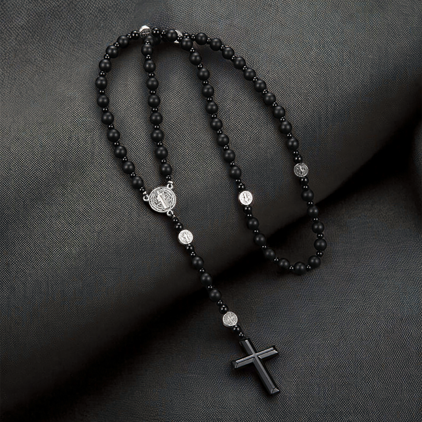 Obsidian Hematite Lava Stone Rosary Necklace