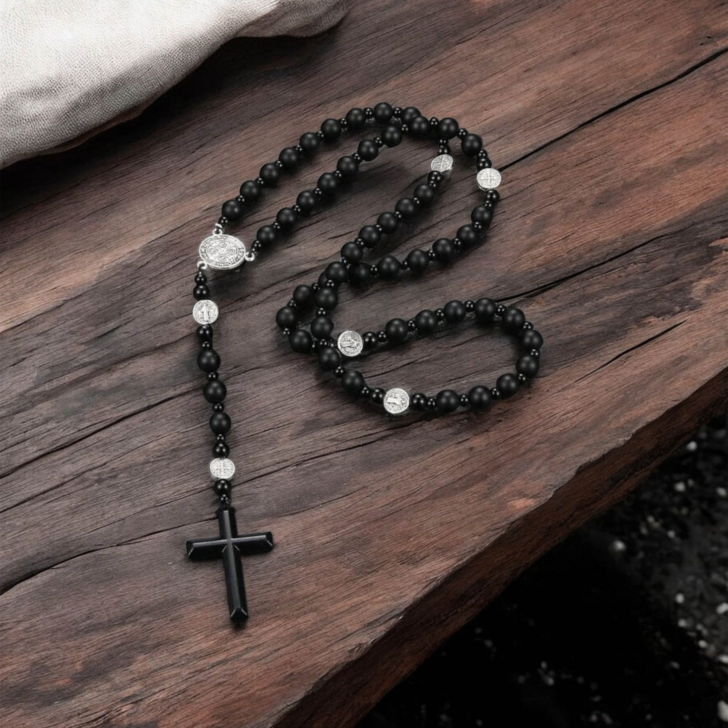 Obsidian Hematite Lava Stone Rosary Necklace