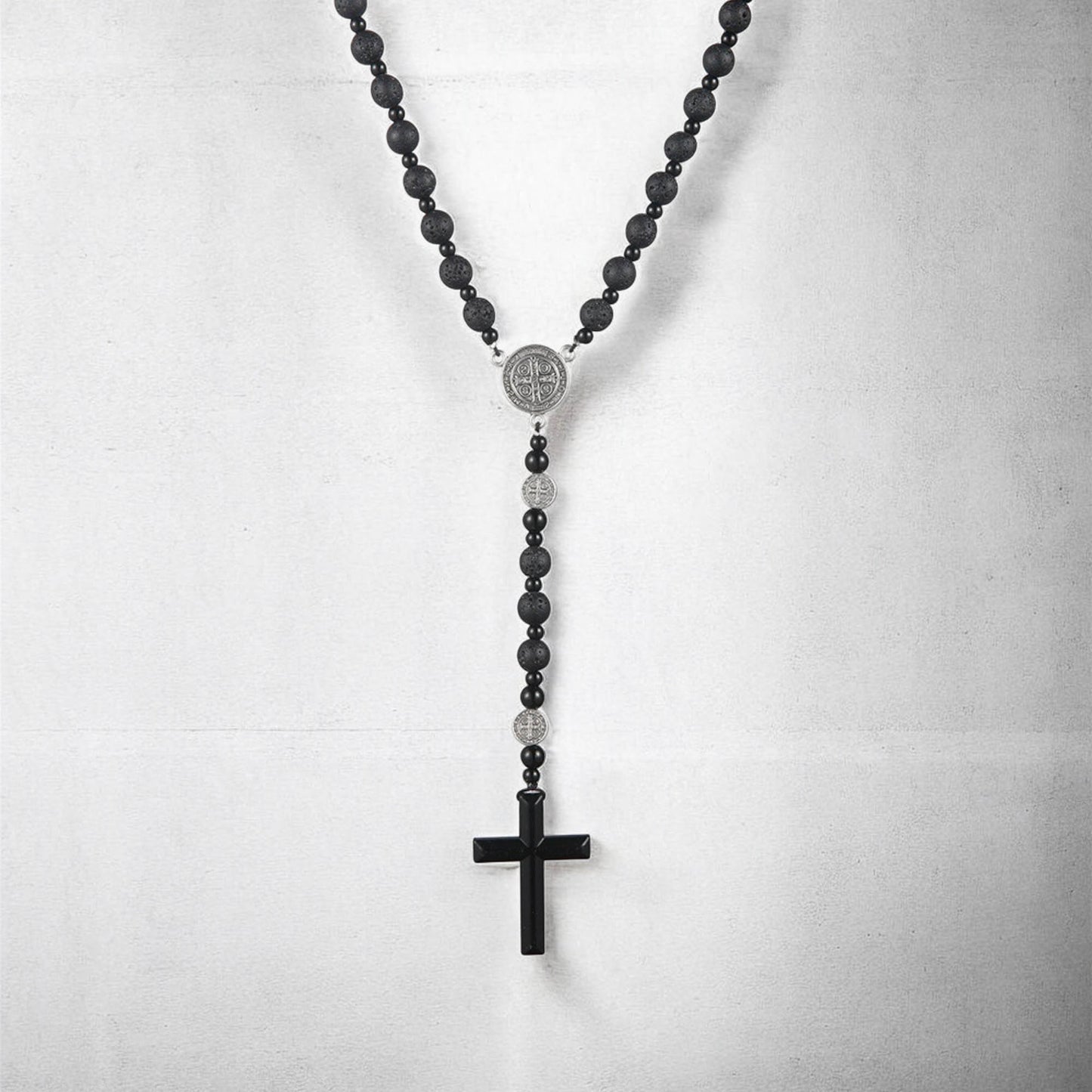 Obsidian Hematite Lava Stone Rosary Necklace