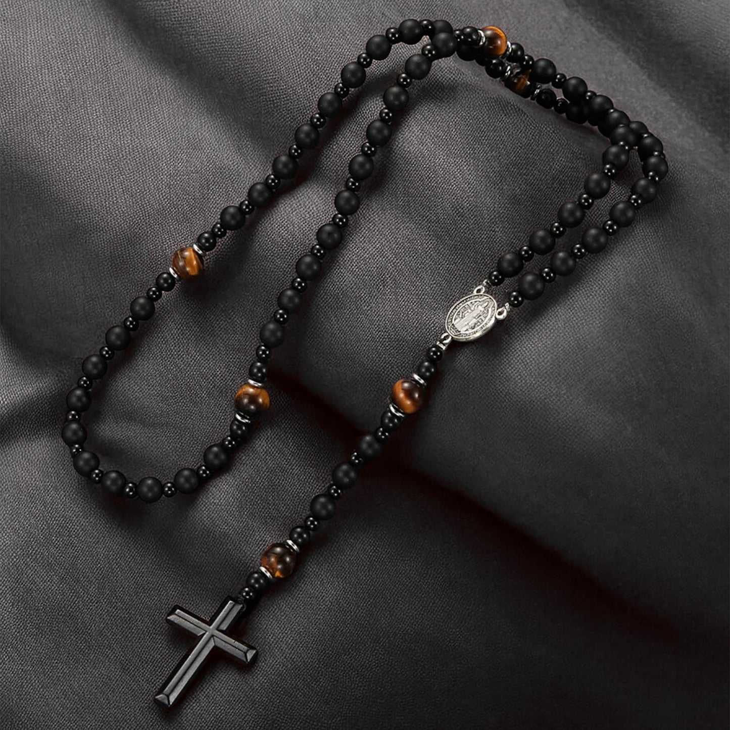 Natural Obsidian Lava Stone Rosary Necklace
