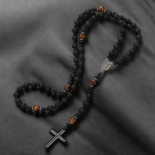 Natural Obsidian Lava Stone Rosary Necklace