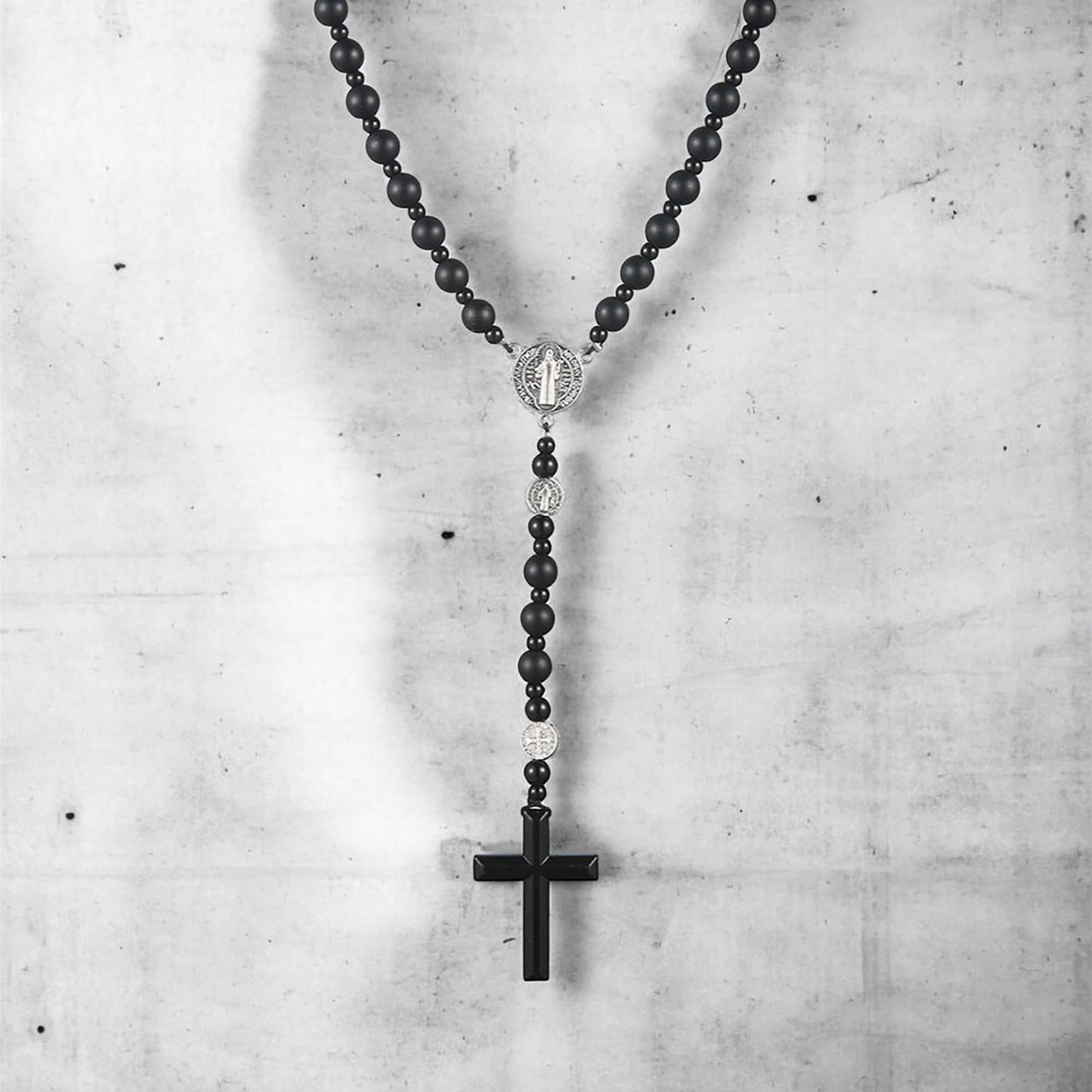 Obsidian Hematite Lava Stone Rosary Necklace