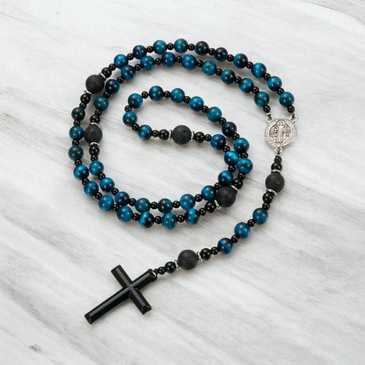 Blue Tiger's Eye Rosary Necklace