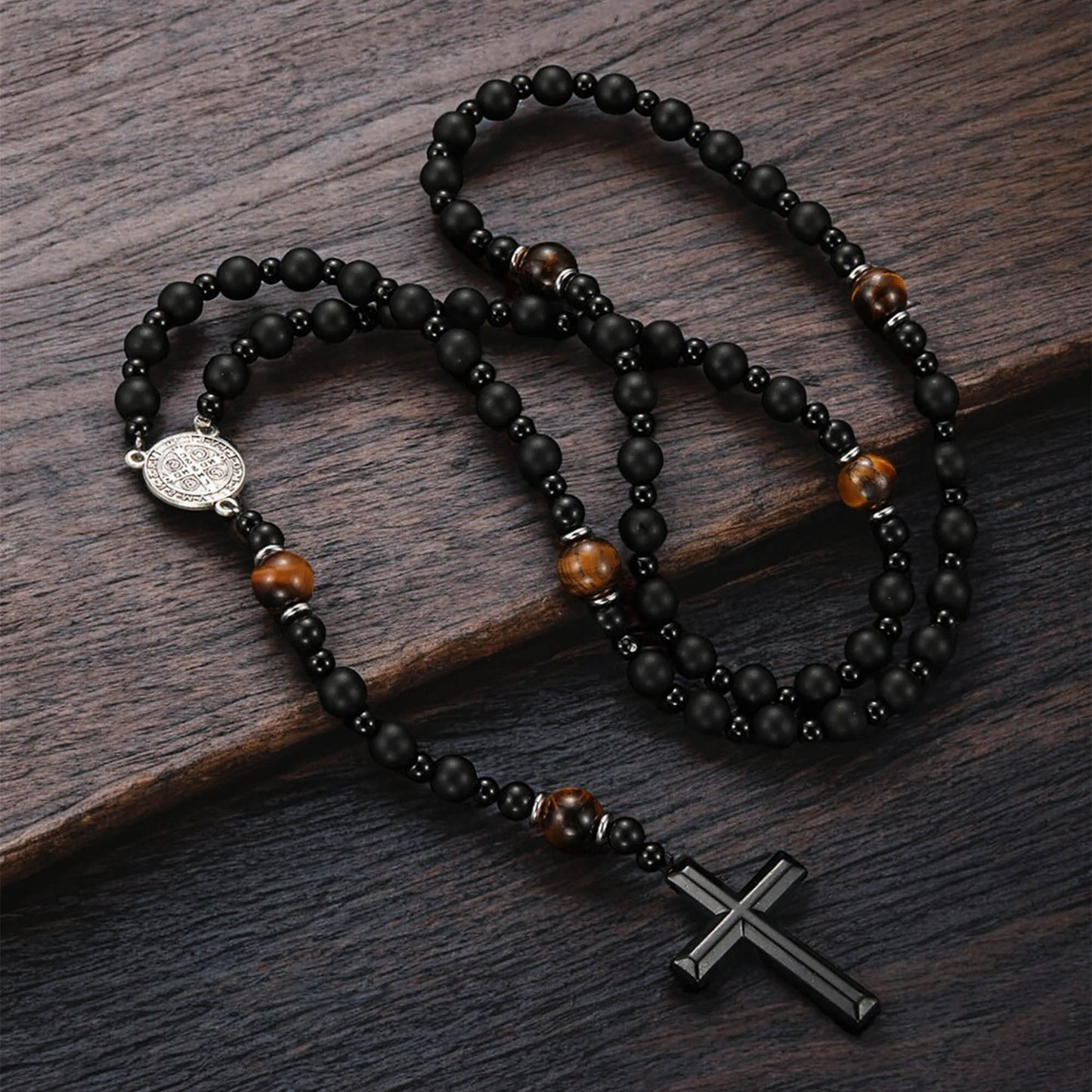 Natural Obsidian Lava Stone Rosary Necklace
