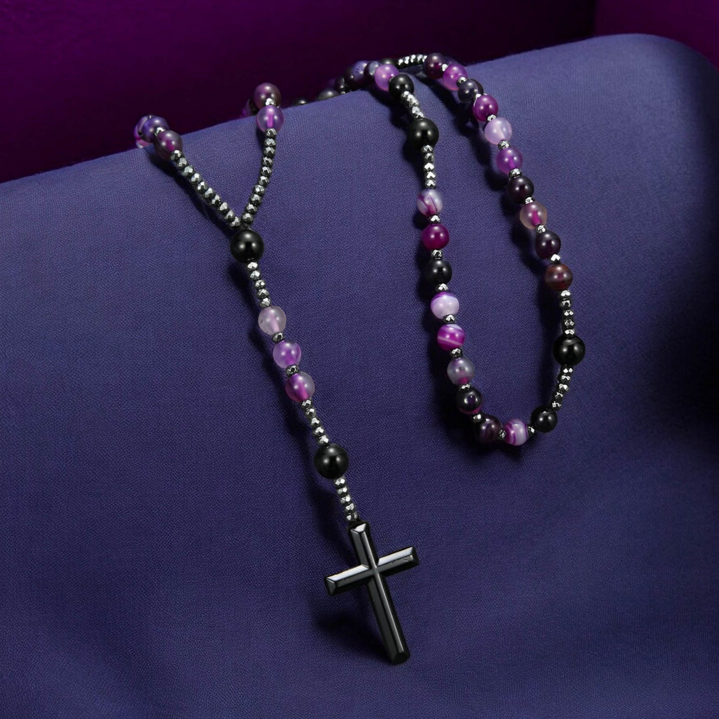 Natural Purple Agate Rosary Necklace