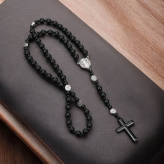 Obsidian Hematite Lava Stone Rosary Necklace
