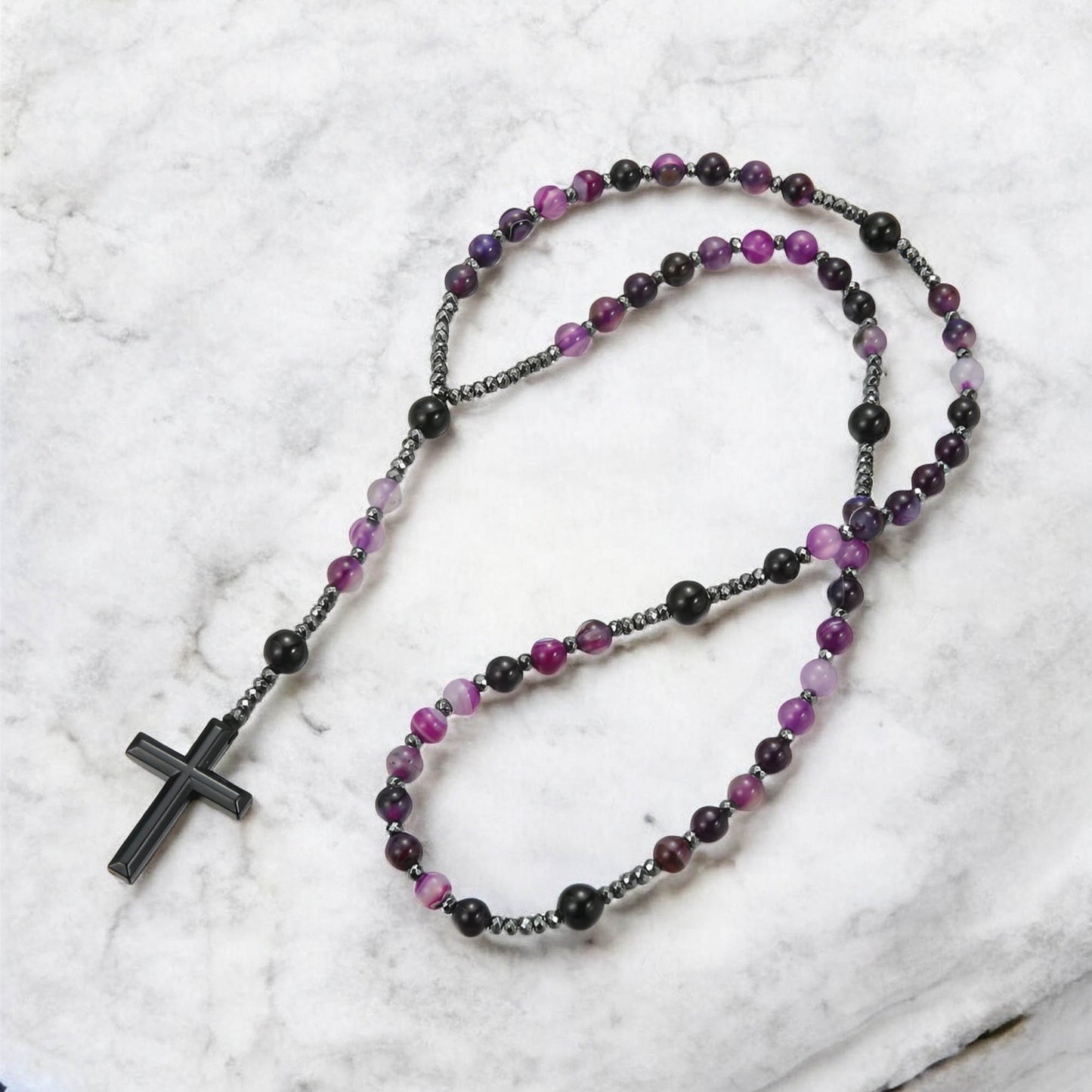 Natural Purple Agate Rosary Necklace