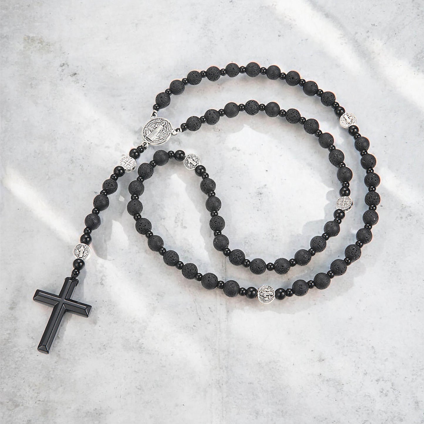 Obsidian Hematite Lava Stone Rosary Necklace