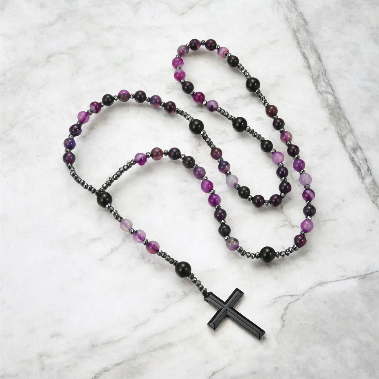 Natural Purple Agate Rosary Necklace