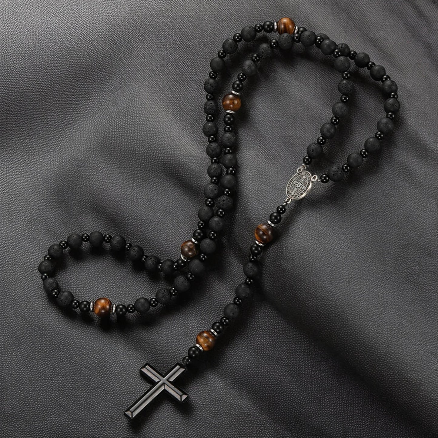 Natural Obsidian Lava Stone Rosary Necklace