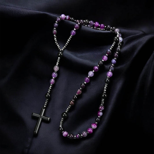 Natural Purple Agate Rosary Necklace