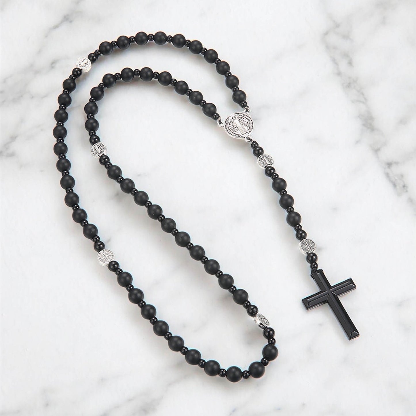 Obsidian Hematite Lava Stone Rosary Necklace