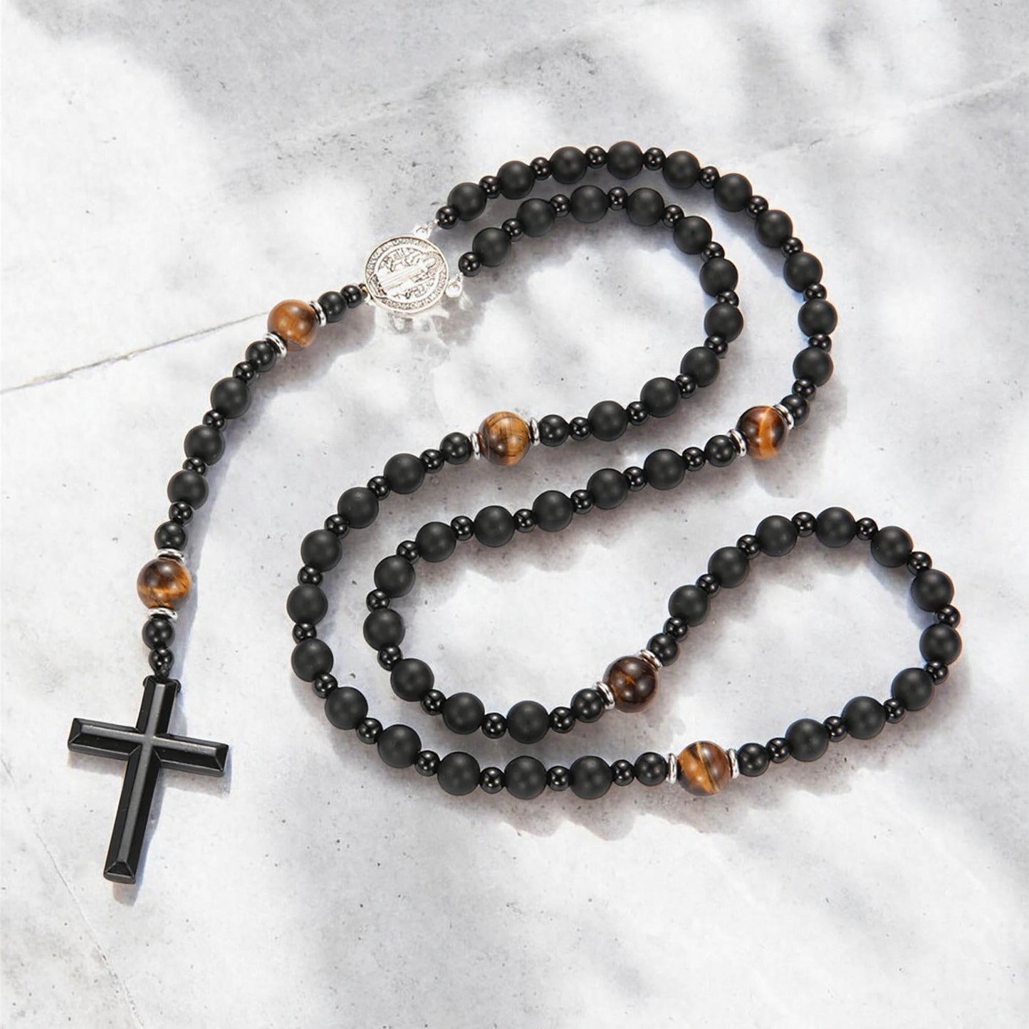 Natural Obsidian Lava Stone Rosary Necklace