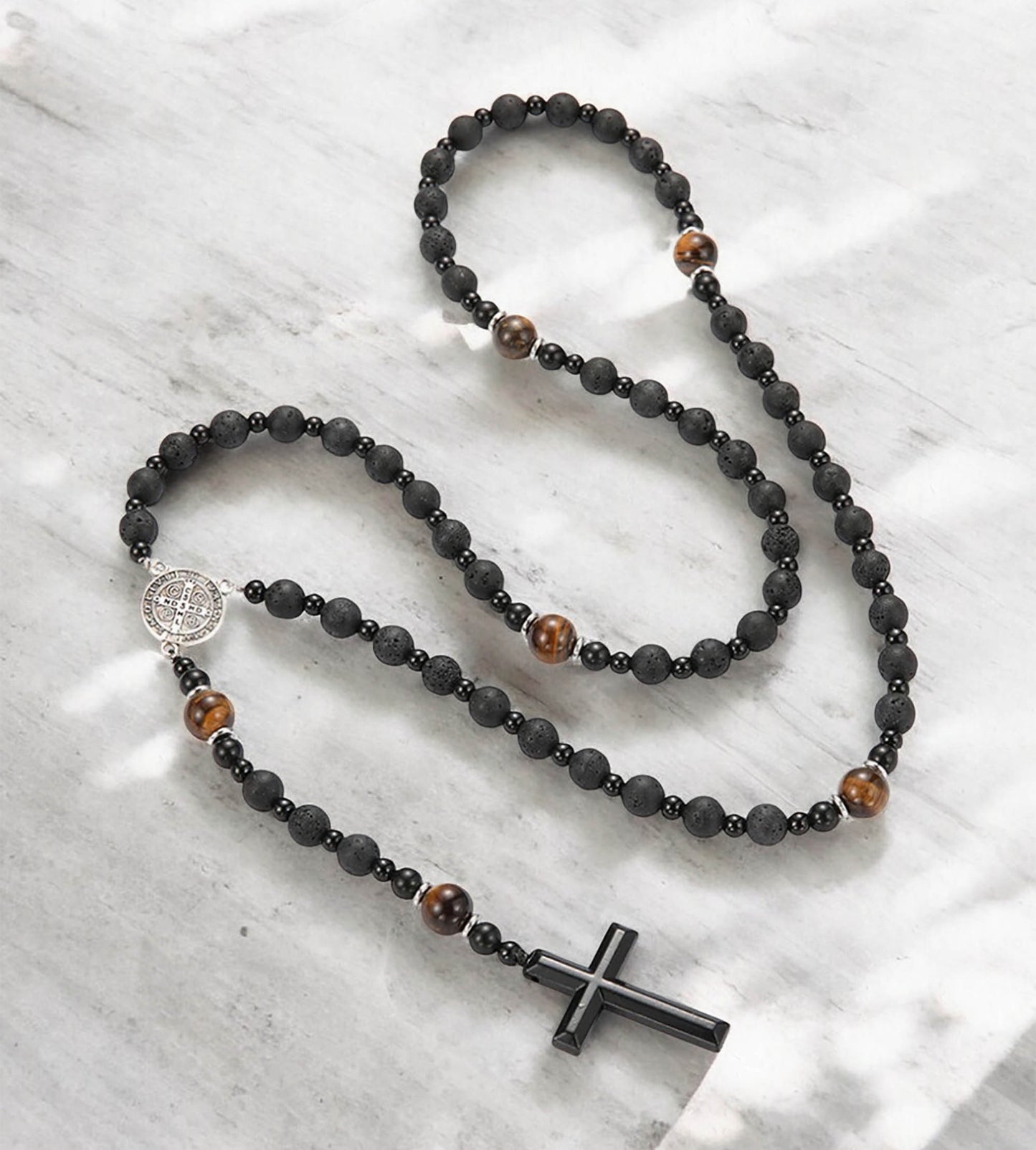 Natural Obsidian Lava Stone Rosary Necklace