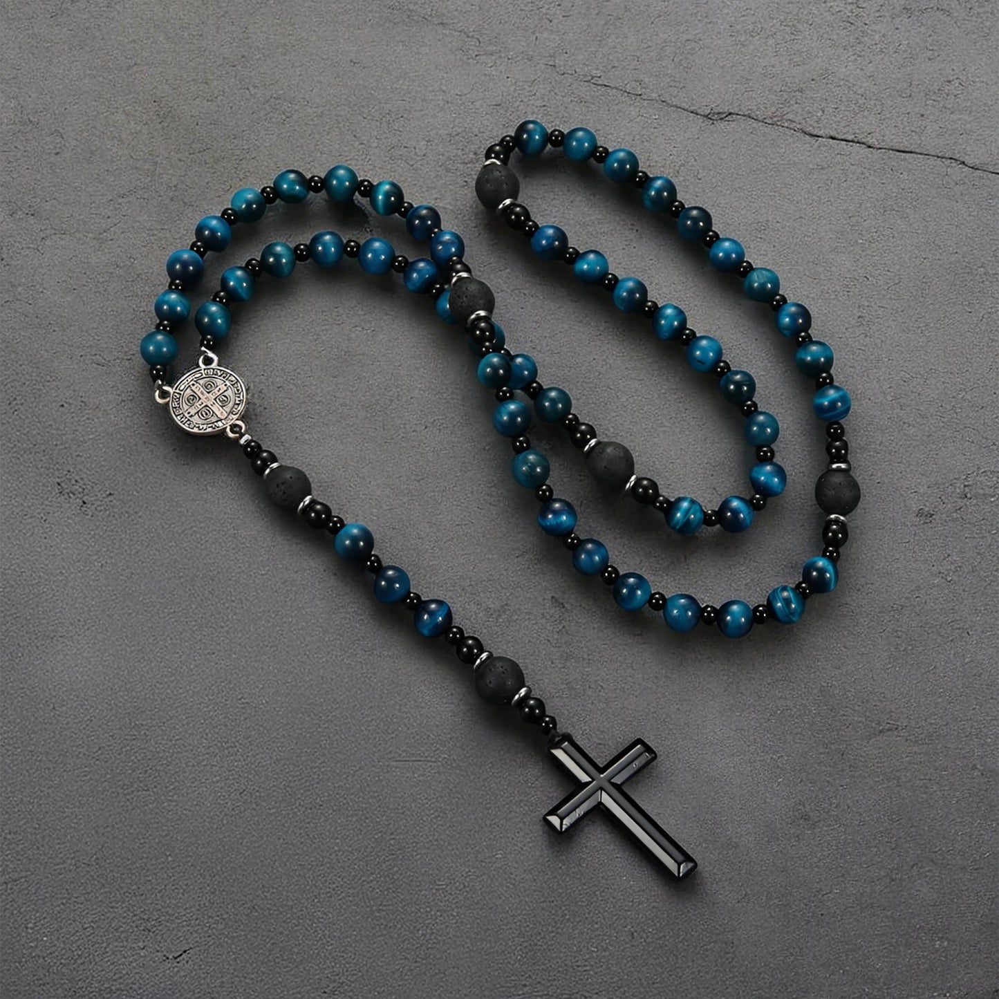 Blue Tiger's Eye Rosary Necklace