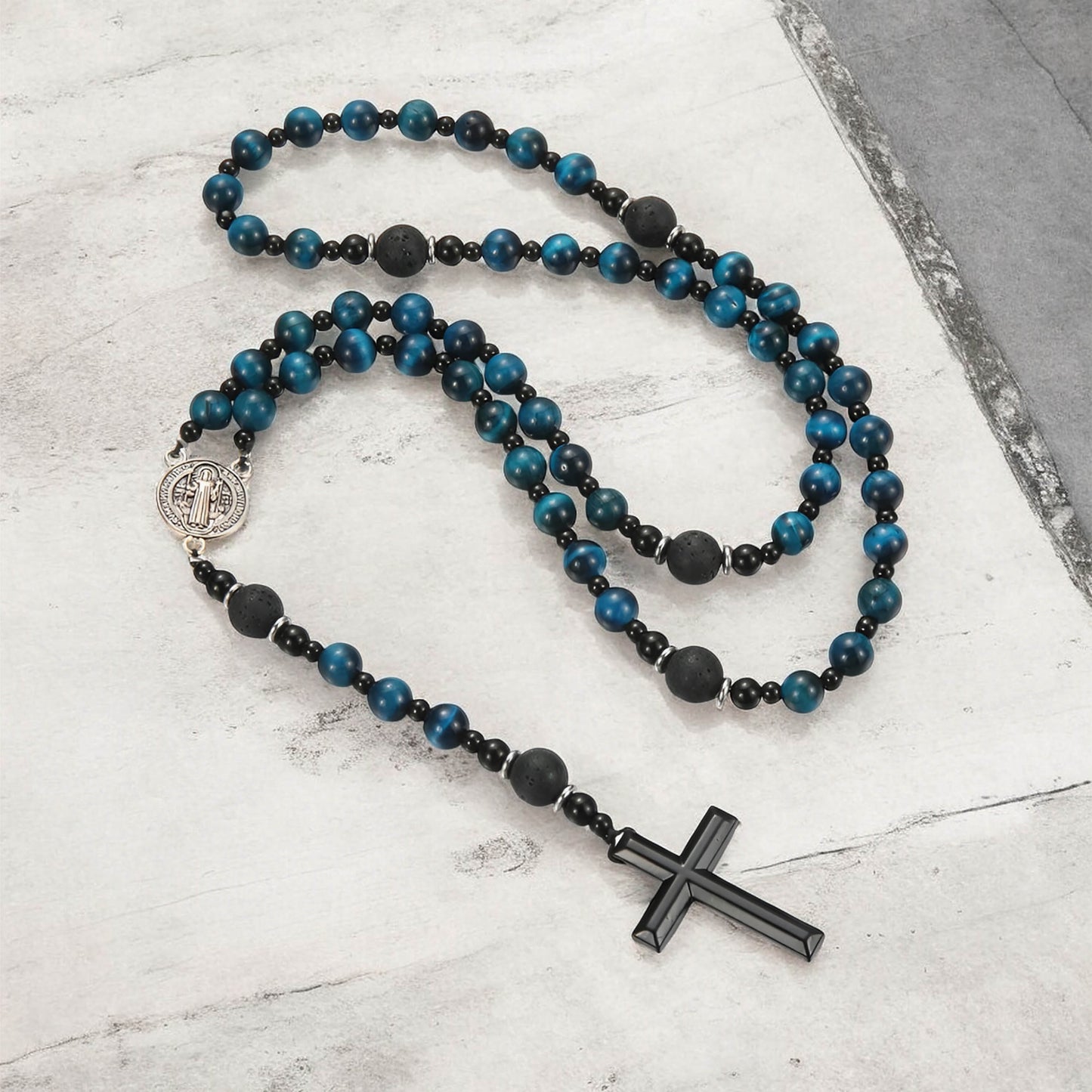 Blue Tiger's Eye Rosary Necklace