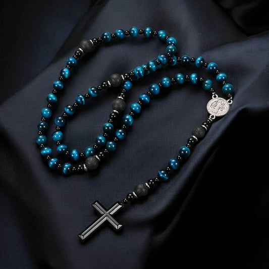 Blue Tiger's Eye Rosary Necklace
