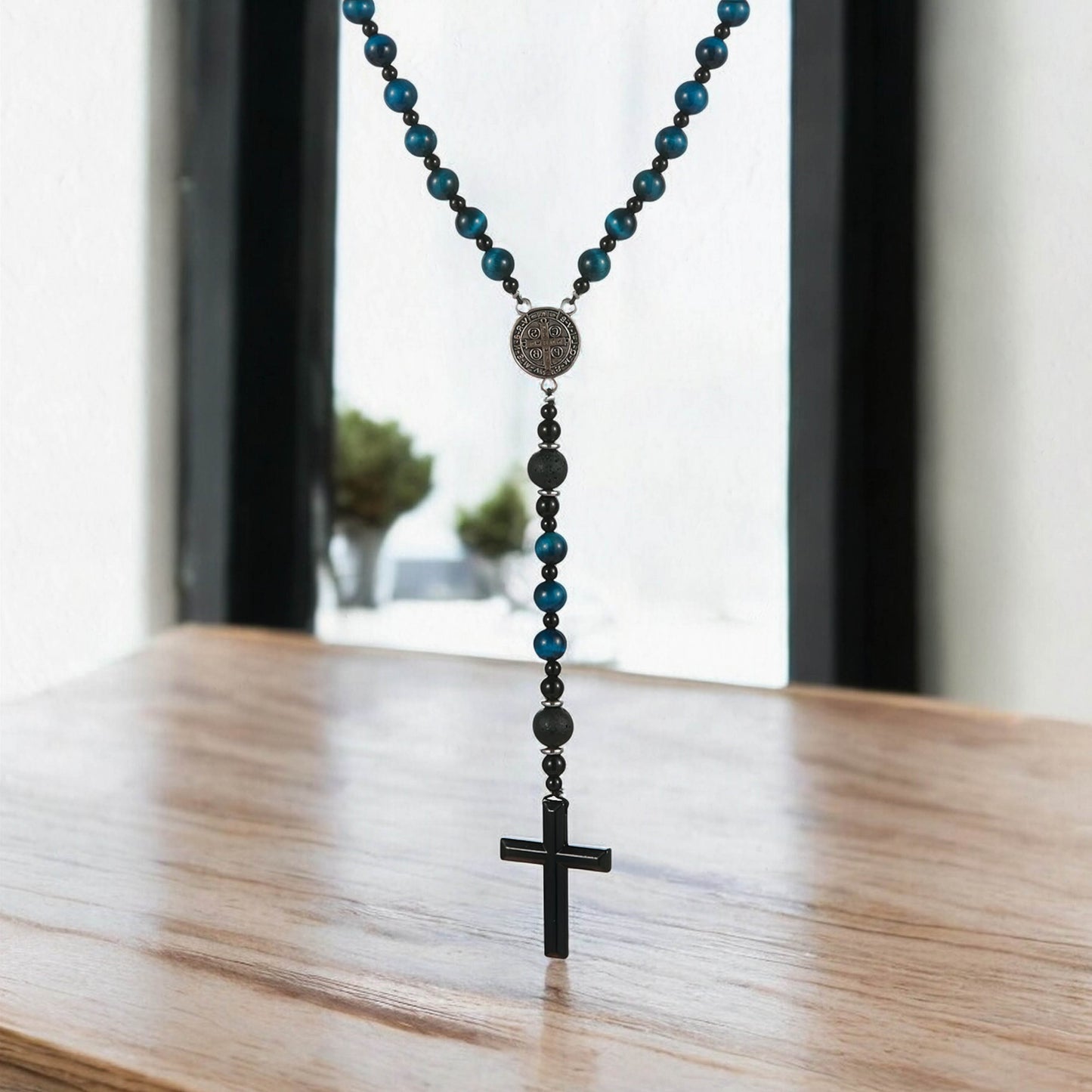 Blue Tiger's Eye Rosary Necklace